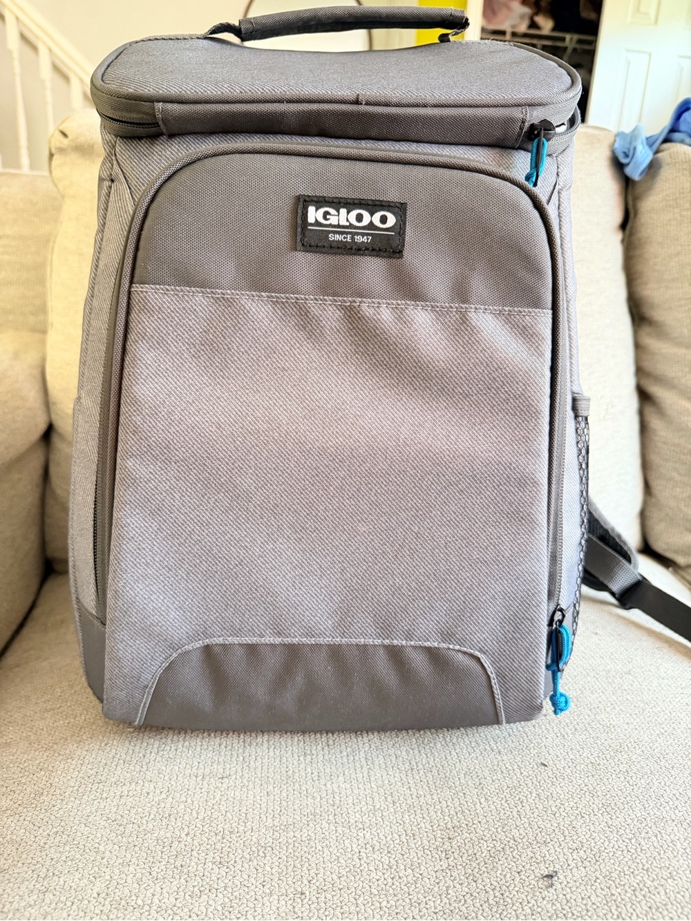 Igloo Gray Backpack Cooler with Blue Zipper Accents
